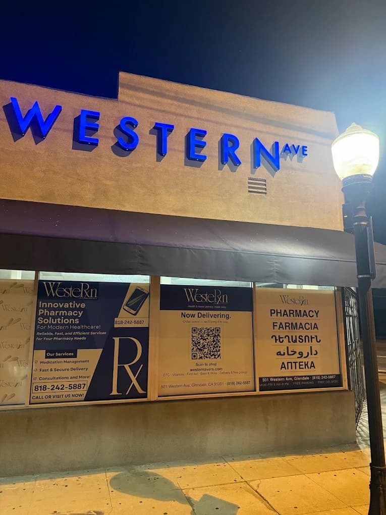Western Ave Pharmacy storefront at night — 501 Western Ave, Glendale